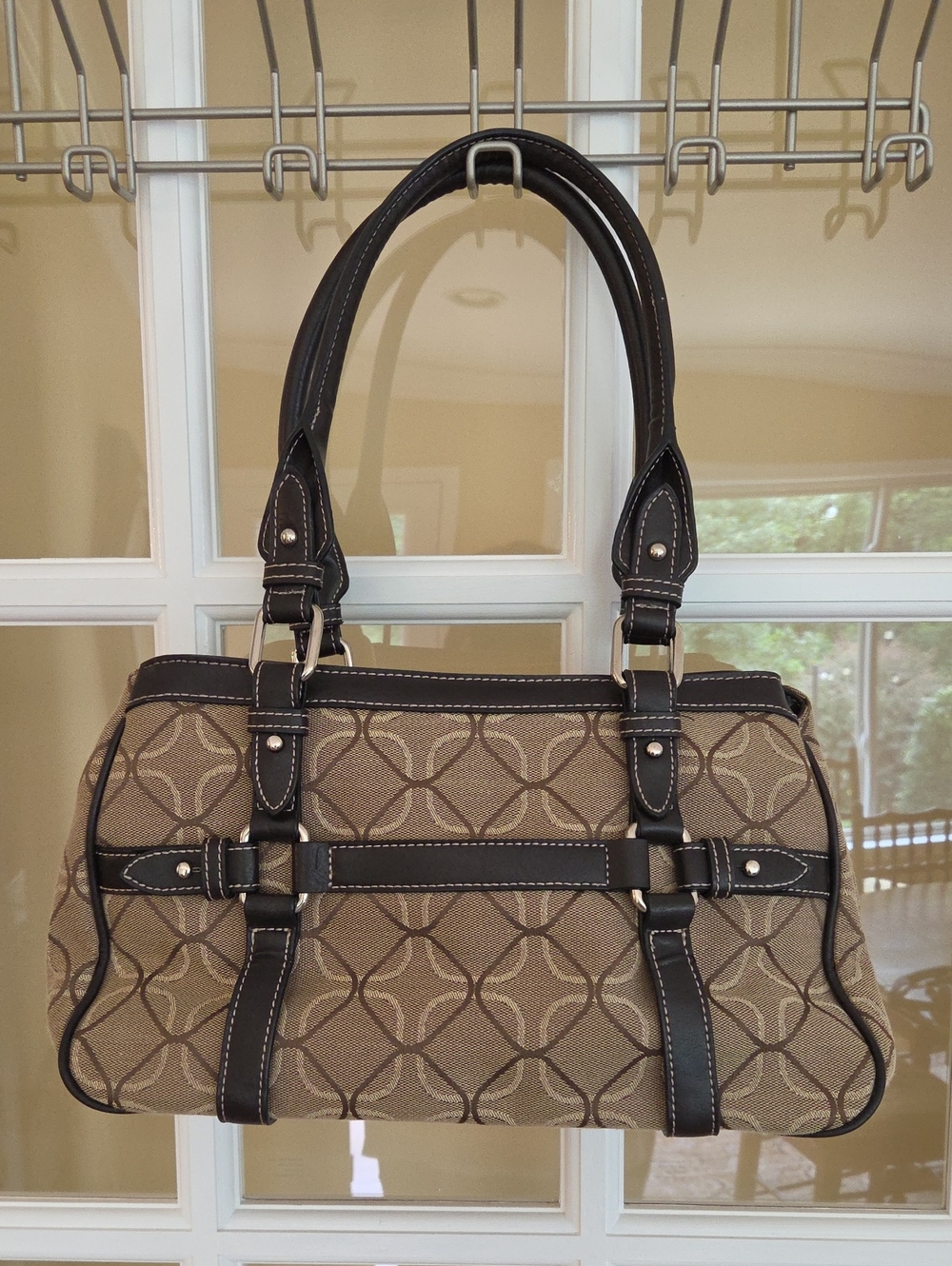 Vtg Nine West Beige Patterned Satchel/ Over Shoulder Bag with Dark Brown Trim - Picture 4 of 15